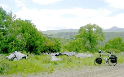 Lunch break, drying wet camping gear.